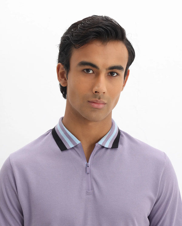 Rare Rabbit Men's Zyte Dusky Purple Cotton Fabric Short Sleeves Regular Collar Zipper Closure Plain Knit Polo T-Shirt
