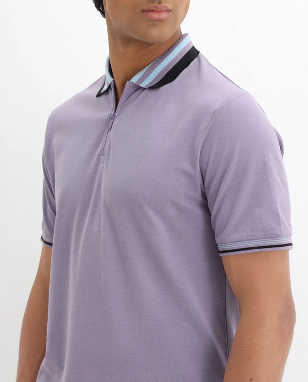 Rare Rabbit Men's Zyte Dusky Purple Cotton Fabric Short Sleeves Regular Collar Zipper Closure Plain Knit Polo T-Shirt