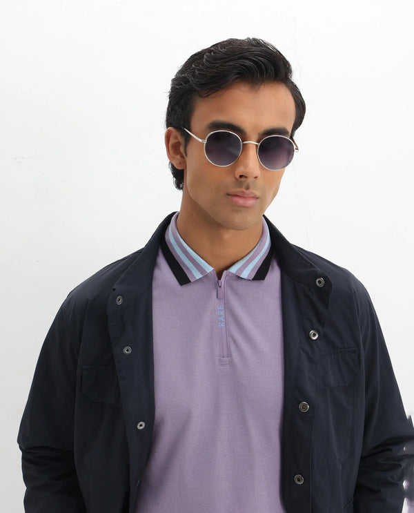 Rare Rabbit Men's Zyte Dusky Purple Cotton Fabric Short Sleeves Regular Collar Zipper Closure Plain Knit Polo T-Shirt
