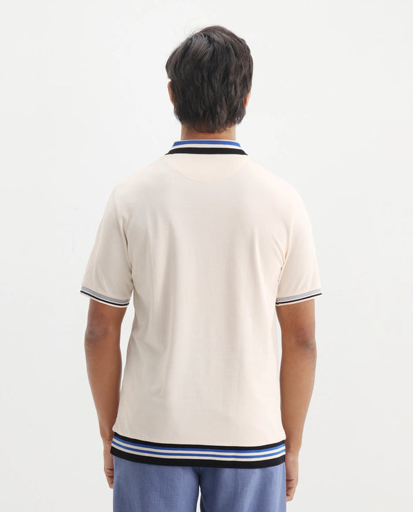 Rare Rabbit Men's Zyte Off White Cotton Fabric Short Sleeves Regular Collar Zipper Closure Plain Knit Polo T-Shirt