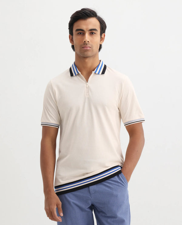 Rare Rabbit Men's Zyte Off White Cotton Fabric Short Sleeves Regular Collar Zipper Closure Plain Knit Polo T-Shirt