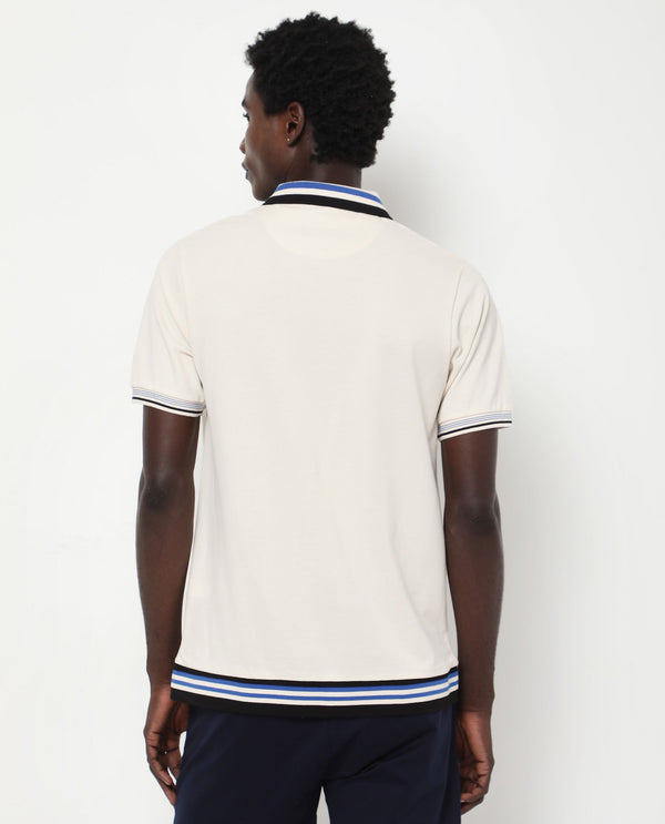 Rare Rabbit Men's Zyte Off White Cotton Fabric Short Sleeves Regular Collar Zipper Closure Plain Knit Polo T-Shirt