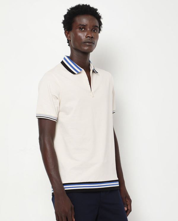 Rare Rabbit Men's Zyte Off White Cotton Fabric Short Sleeves Regular Collar Zipper Closure Plain Knit Polo T-Shirt