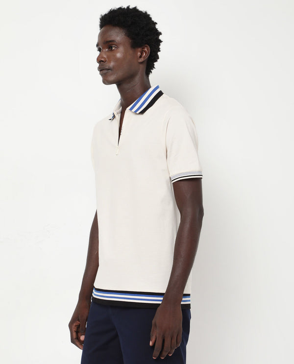 Rare Rabbit Men's Zyte Off White Cotton Fabric Short Sleeves Regular Collar Zipper Closure Plain Knit Polo T-Shirt