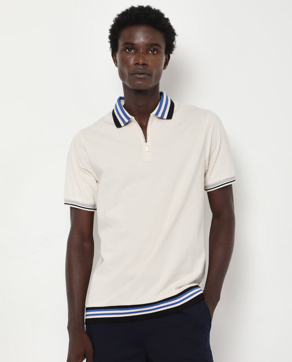 Rare Rabbit Men's Zyte Off White Cotton Fabric Short Sleeves Regular Collar Zipper Closure Plain Knit Polo T-Shirt