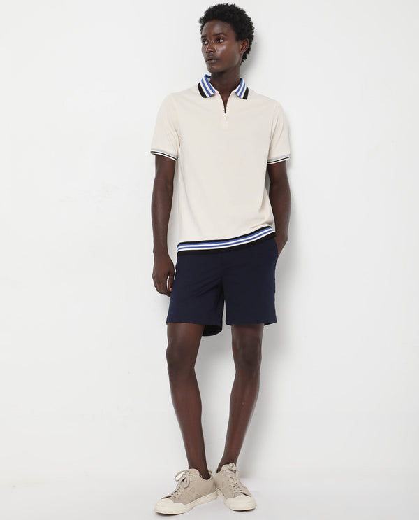 Rare Rabbit Men's Zyte Off White Cotton Fabric Short Sleeves Regular Collar Zipper Closure Plain Knit Polo T-Shirt