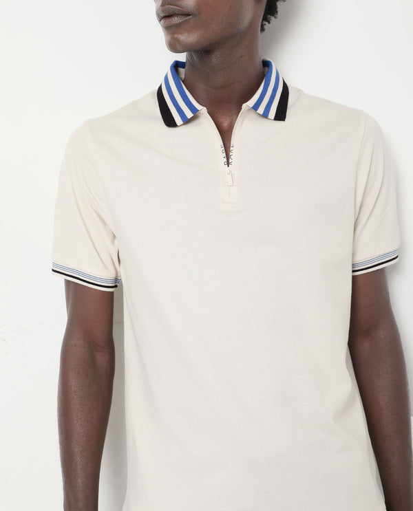 Rare Rabbit Men's Zyte Off White Cotton Fabric Short Sleeves Regular Collar Zipper Closure Plain Knit Polo T-Shirt