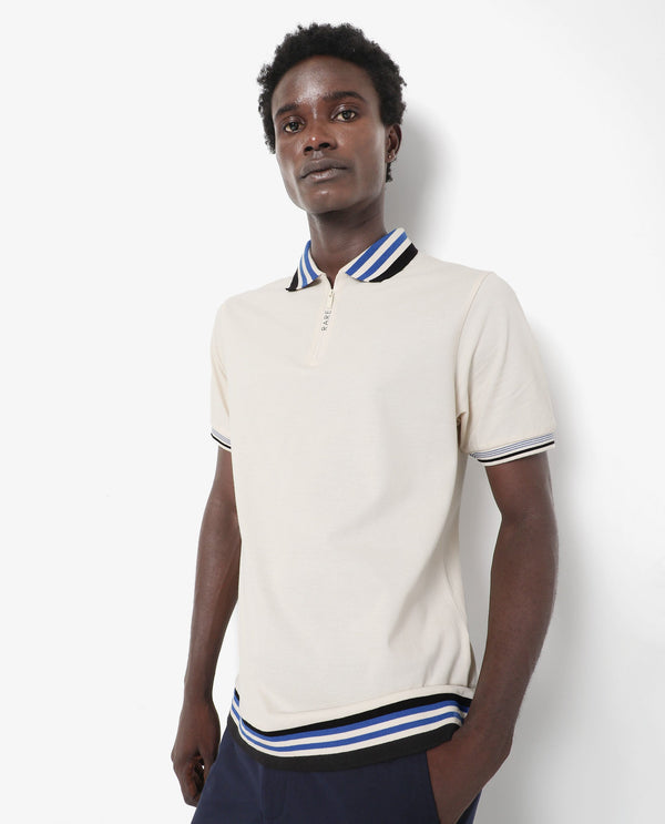 Rare Rabbit Men's Zyte Off White Cotton Fabric Short Sleeves Regular Collar Zipper Closure Plain Knit Polo T-Shirt
