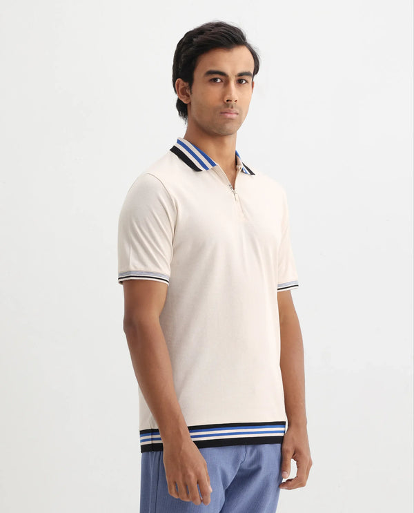 Rare Rabbit Men's Zyte Off White Cotton Fabric Short Sleeves Regular Collar Zipper Closure Plain Knit Polo T-Shirt
