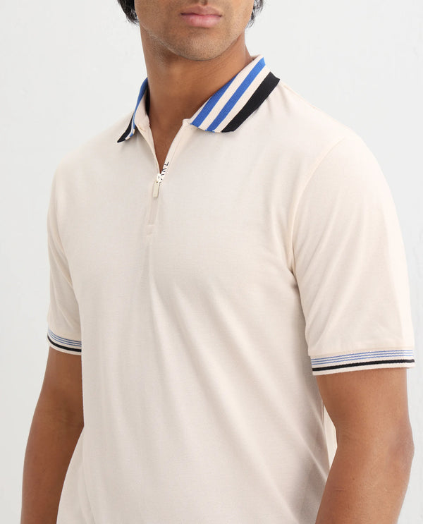 Rare Rabbit Men's Zyte Off White Cotton Fabric Short Sleeves Regular Collar Zipper Closure Plain Knit Polo T-Shirt