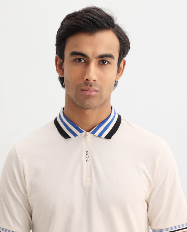 Rare Rabbit Men's Zyte Off White Cotton Fabric Short Sleeves Regular Collar Zipper Closure Plain Knit Polo T-Shirt