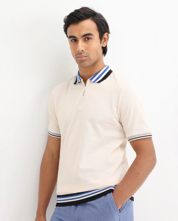 Rare Rabbit Men's Zyte Off White Cotton Fabric Short Sleeves Regular Collar Zipper Closure Plain Knit Polo T-Shirt