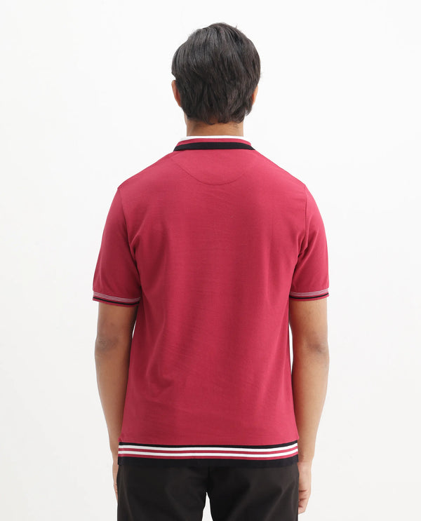 Rare Rabbit Men's Zyte Red Cotton Fabric Short Sleeves Regular Collar Zipper Closure Plain Knit Polo T-Shirt