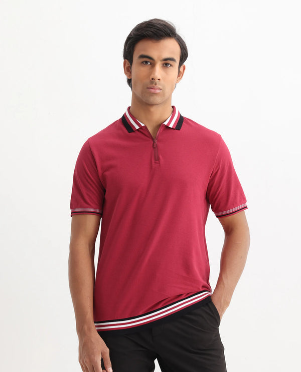 Rare Rabbit Men's Zyte Red Cotton Fabric Short Sleeves Regular Collar Zipper Closure Plain Knit Polo T-Shirt