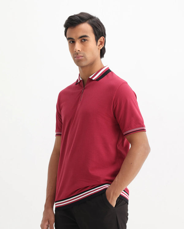Rare Rabbit Men's Zyte Red Cotton Fabric Short Sleeves Regular Collar Zipper Closure Plain Knit Polo T-Shirt