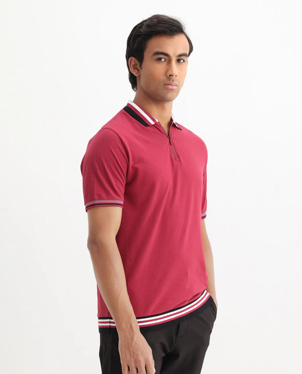 Rare Rabbit Men's Zyte Red Cotton Fabric Short Sleeves Regular Collar Zipper Closure Plain Knit Polo T-Shirt