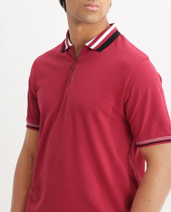 Rare Rabbit Men's Zyte Red Cotton Fabric Short Sleeves Regular Collar Zipper Closure Plain Knit Polo T-Shirt