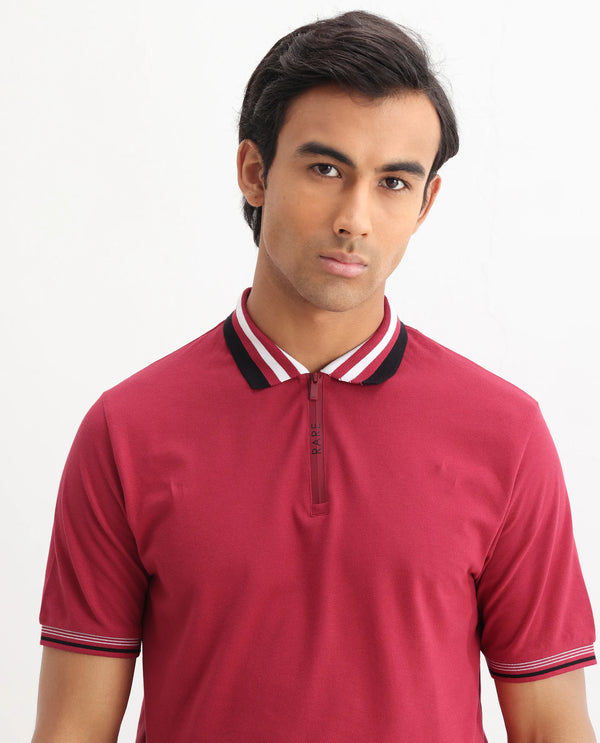 Rare Rabbit Men's Zyte Red Cotton Fabric Short Sleeves Regular Collar Zipper Closure Plain Knit Polo T-Shirt