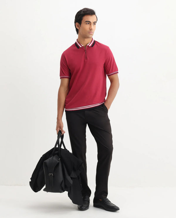 Rare Rabbit Men's Zyte Red Cotton Fabric Short Sleeves Regular Collar Zipper Closure Plain Knit Polo T-Shirt