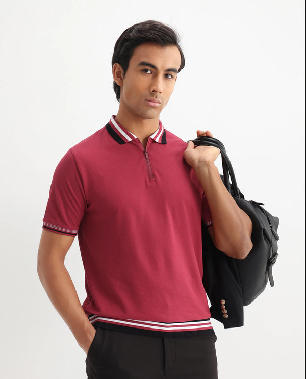 Rare Rabbit Men's Zyte Red Cotton Fabric Short Sleeves Regular Collar Zipper Closure Plain Knit Polo T-Shirt