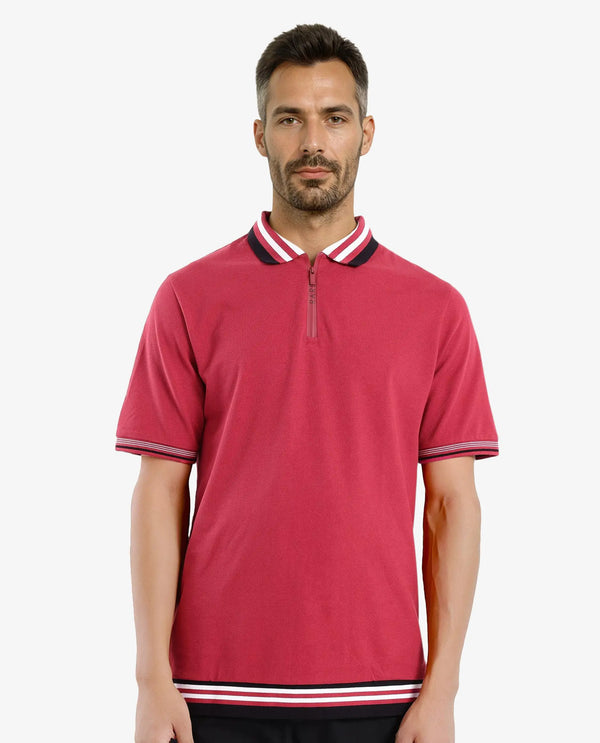 Rare Rabbit Men's Zyte Red Cotton Fabric Short Sleeves Regular Collar Zipper Closure Plain Knit Polo T-Shirt