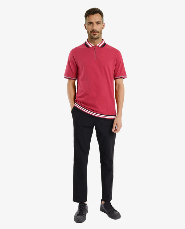 Rare Rabbit Men's Zyte Red Cotton Fabric Short Sleeves Regular Collar Zipper Closure Plain Knit Polo T-Shirt