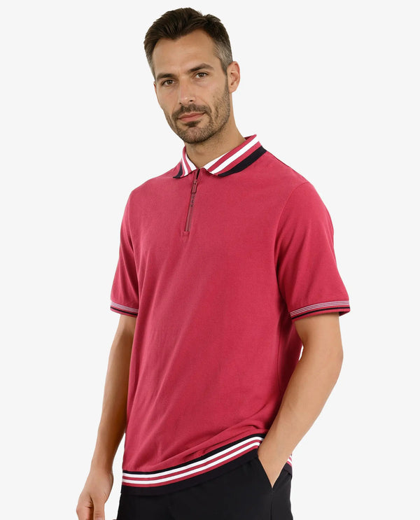 Rare Rabbit Men's Zyte Red Cotton Fabric Short Sleeves Regular Collar Zipper Closure Plain Knit Polo T-Shirt