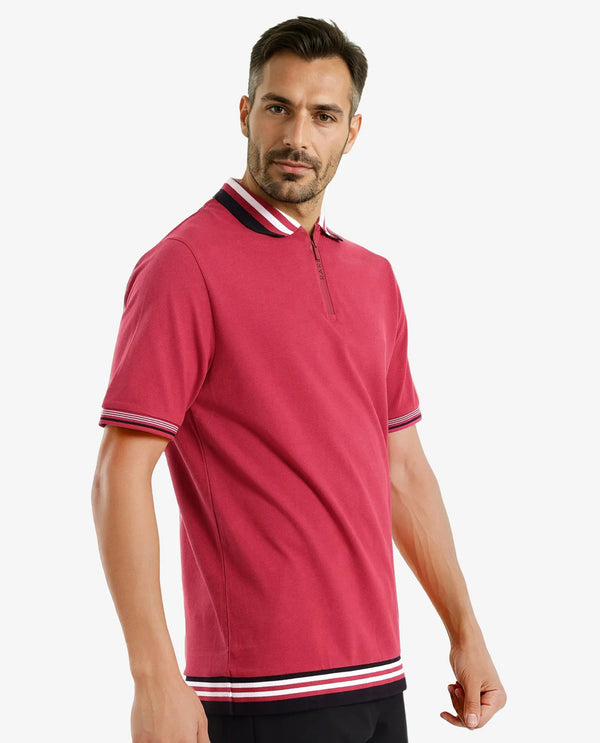 Rare Rabbit Men's Zyte Red Cotton Fabric Short Sleeves Regular Collar Zipper Closure Plain Knit Polo T-Shirt
