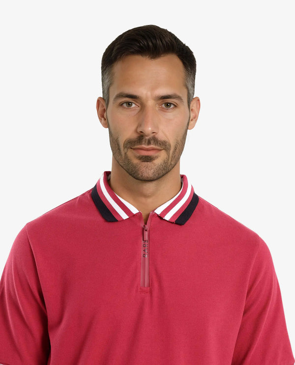 Rare Rabbit Men's Zyte Red Cotton Fabric Short Sleeves Regular Collar Zipper Closure Plain Knit Polo T-Shirt