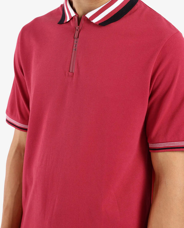 Rare Rabbit Men's Zyte Red Cotton Fabric Short Sleeves Regular Collar Zipper Closure Plain Knit Polo T-Shirt