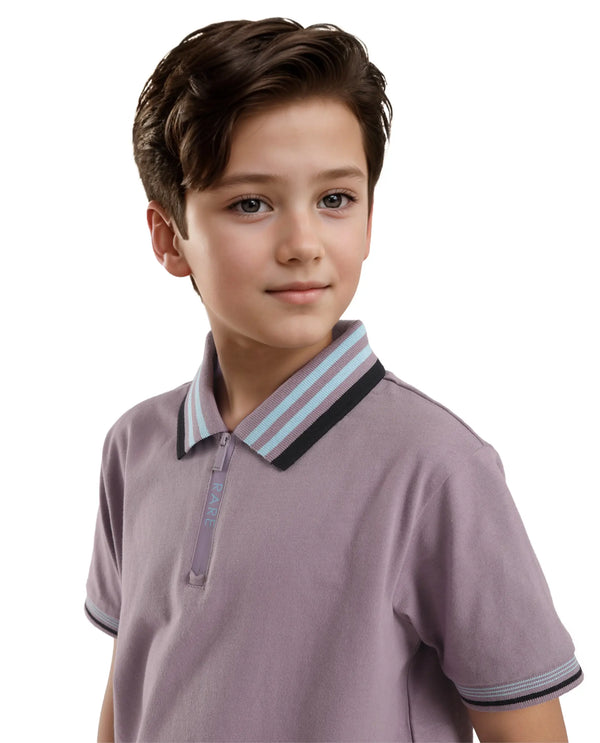 Rare Ones Kids Zyto Purple Cotton Half Sleeves Contrasting Regular Collar Zipper Closure Solid Polo