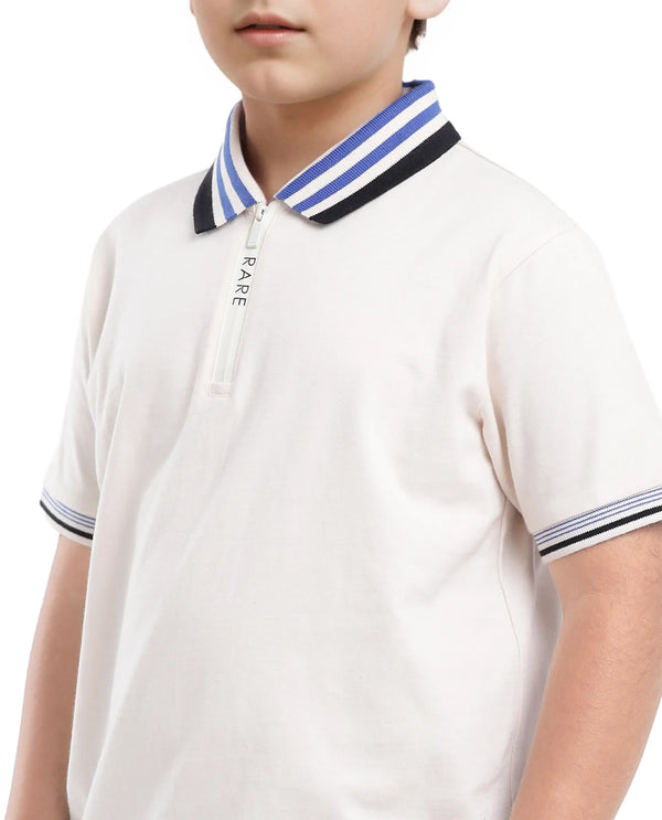 Rare Ones Kids Zyto Off White Cotton Half Sleeves Contrasting Regular Collar Zipper Closure Solid Polo