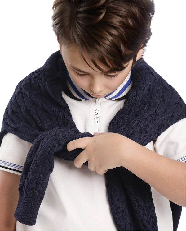 Rare Ones Kids Zyto Off White Cotton Half Sleeves Contrasting Regular Collar Zipper Closure Solid Polo
