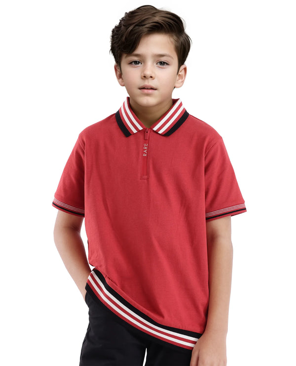 Rare Ones Kids Zyto Red Cotton Half Sleeves Contrasting Regular Collar Zipper Closure Solid Polo