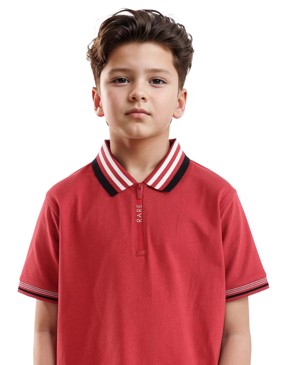 Rare Ones Kids Zyto Red Cotton Half Sleeves Contrasting Regular Collar Zipper Closure Solid Polo
