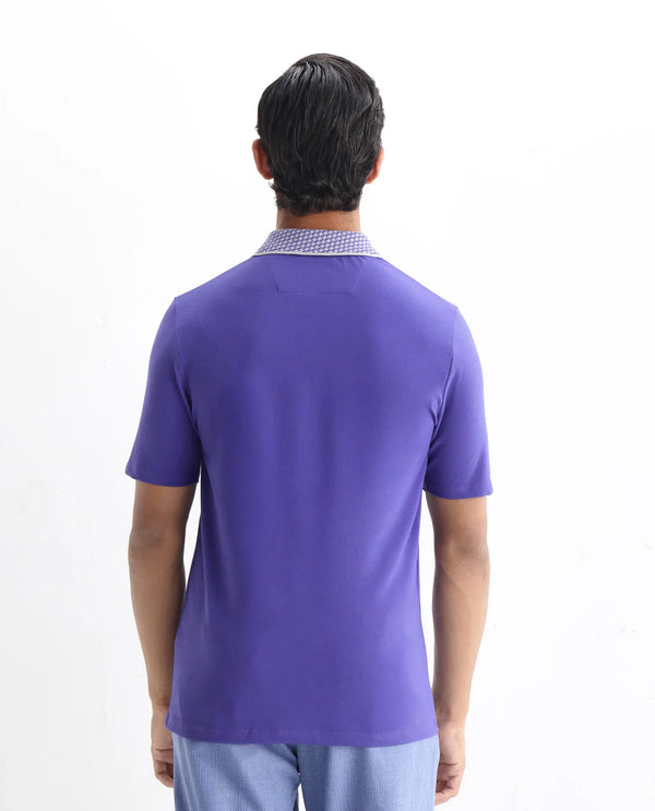 Rare Rabbit Men Abit Purple Cotton Blend Fabric Short Sleeve Jacquard Collar with Tape Detailed Placket Button Closure Plain Polo