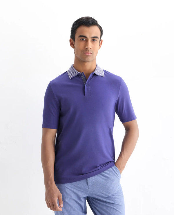 Rare Rabbit Men Abit Purple Cotton Blend Fabric Short Sleeve Jacquard Collar with Tape Detailed Placket Button Closure Plain Polo