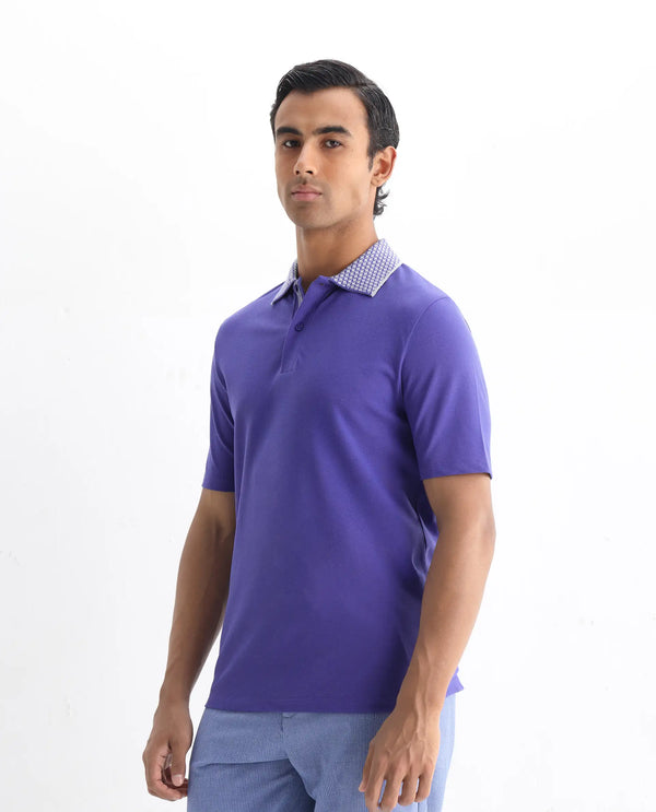 Rare Rabbit Men Abit Purple Cotton Blend Fabric Short Sleeve Jacquard Collar with Tape Detailed Placket Button Closure Plain Polo
