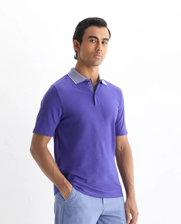 Rare Rabbit Men Abit Purple Cotton Blend Fabric Short Sleeve Jacquard Collar with Tape Detailed Placket Button Closure Plain Polo