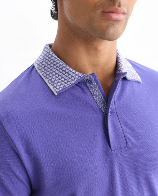 Rare Rabbit Men Abit Purple Cotton Blend Fabric Short Sleeve Jacquard Collar with Tape Detailed Placket Button Closure Plain Polo