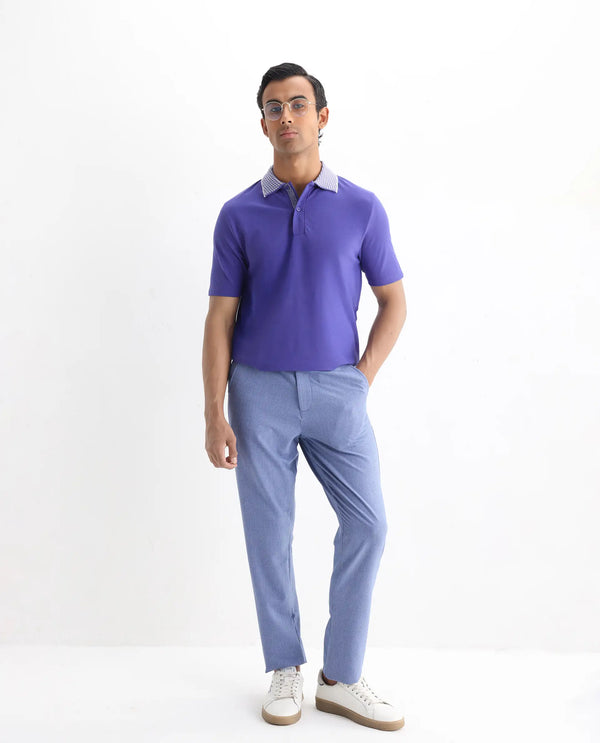 Rare Rabbit Men Abit Purple Cotton Blend Fabric Short Sleeve Jacquard Collar with Tape Detailed Placket Button Closure Plain Polo