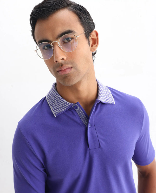 Rare Rabbit Men Abit Purple Cotton Blend Fabric Short Sleeve Jacquard Collar with Tape Detailed Placket Button Closure Plain Polo