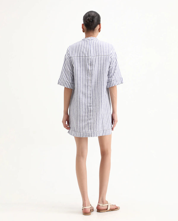 Rareism Women Abutilon Blue Striped Band Collar 3/4 Sleeves Mini Dress