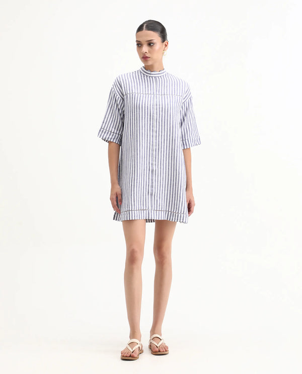 Rareism Women Abutilon Blue Striped Band Collar 3/4 Sleeves Mini Dress
