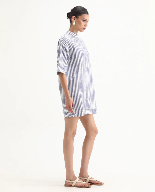 Rareism Women Abutilon Blue Striped Band Collar 3/4 Sleeves Mini Dress