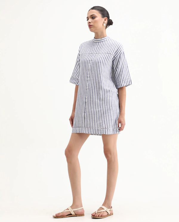 Rareism Women Abutilon Blue Striped Band Collar 3/4 Sleeves Mini Dress