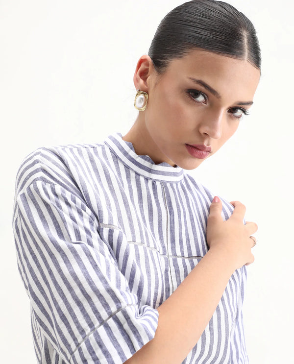 Rareism Women Abutilon Blue Striped Band Collar 3/4 Sleeves Mini Dress