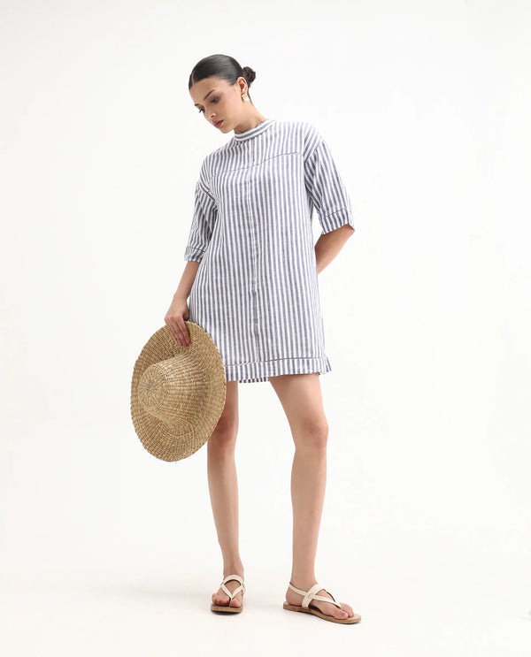 Rareism Women Abutilon Blue Striped Band Collar 3/4 Sleeves Mini Dress