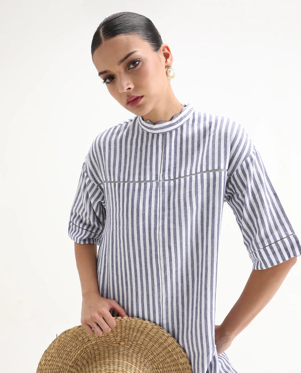 Rareism Women Abutilon Blue Striped Band Collar 3/4 Sleeves Mini Dress
