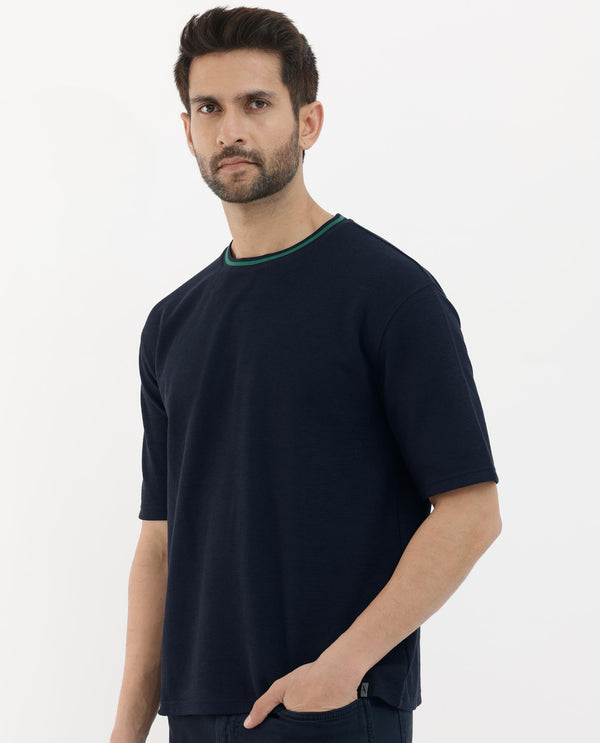 Rare Rabbit Men's Adiso-1 Navy Cotton Blend Fabric Short Sleeve Crew Neck Oversized Fit Plain T-Shirt